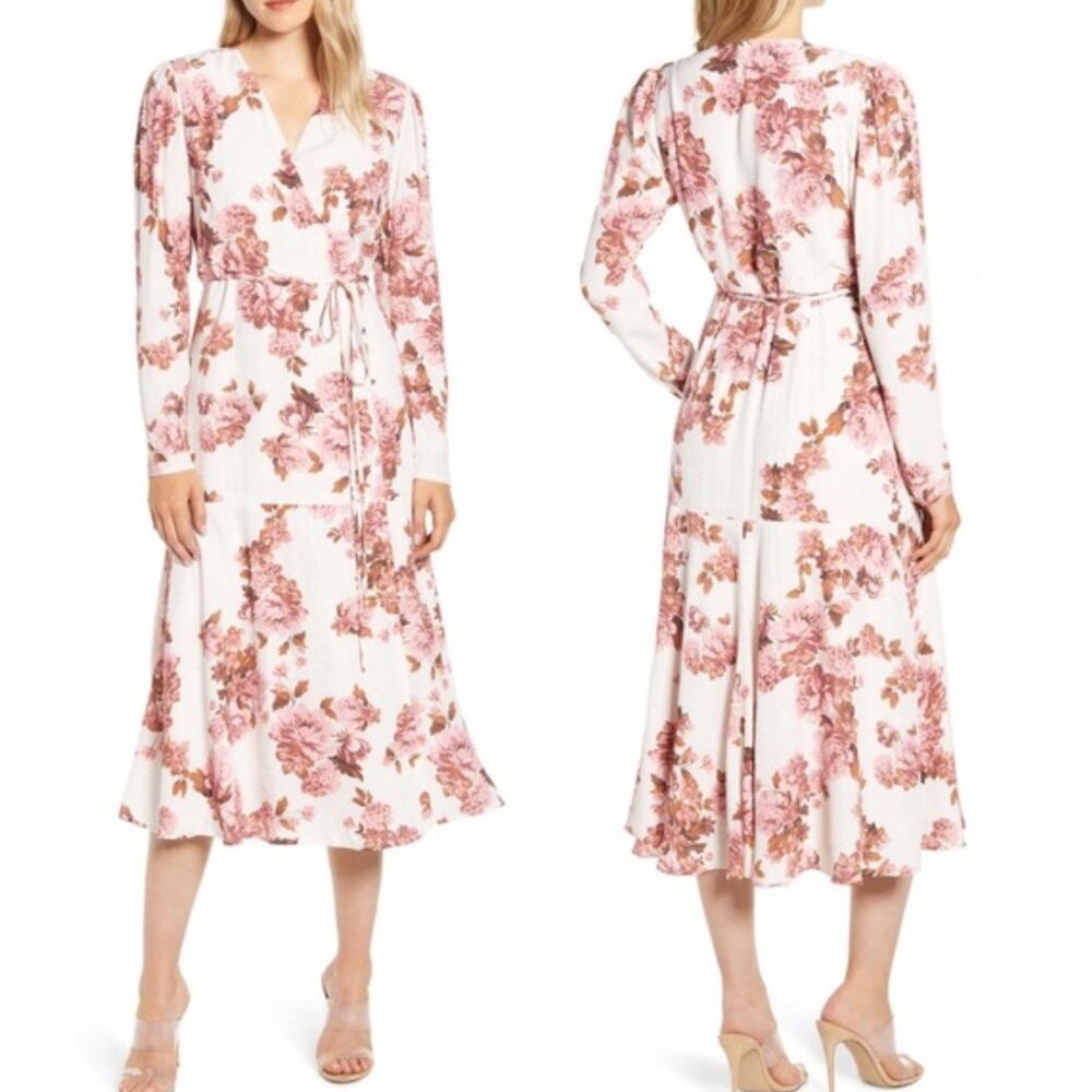 RP Rachel Parcell Women's Pink Floral Wrap Dress Long Sleeves Cottagecore Size 8